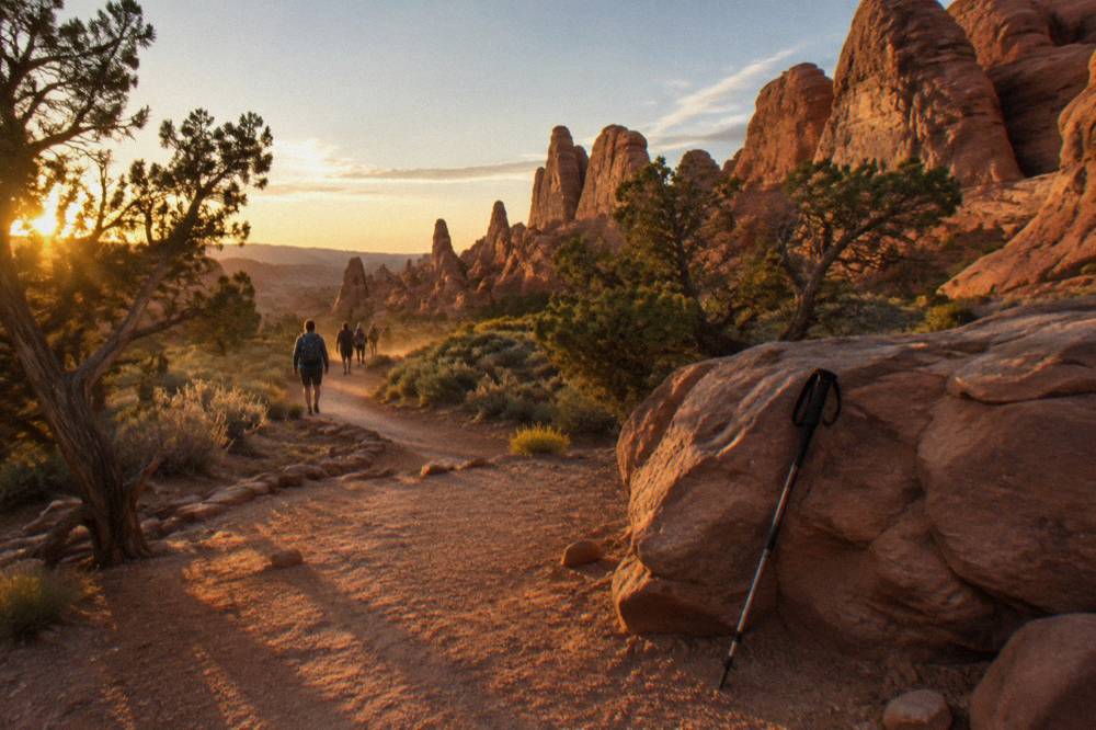 Warm evening sunlight raking across layered red rock cliffs and scattered juniper trees
