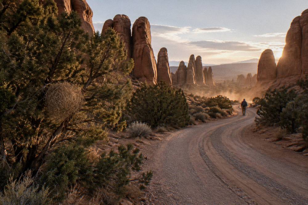 A rugged dirt backcountry road winding between tall red rock fins and scattered juniper bushes