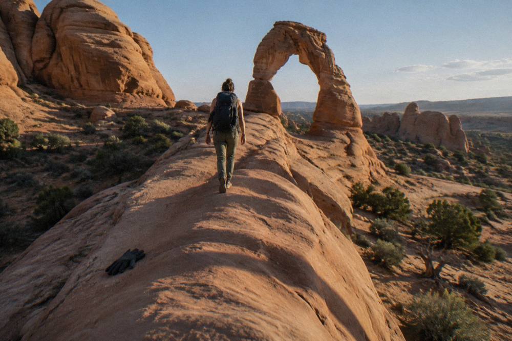 A long sandstone ridge trail climbing toward a freestanding desert arch in late afternoon light