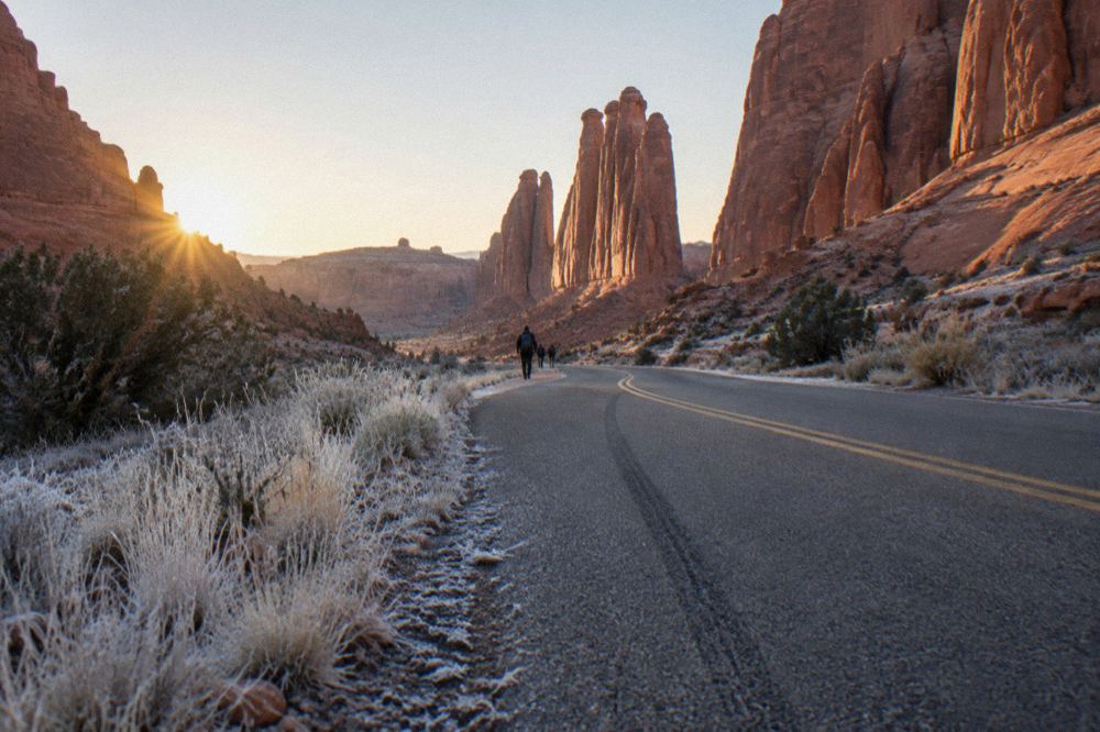 A paved park road curving toward tall red sandstone fins at sunrise