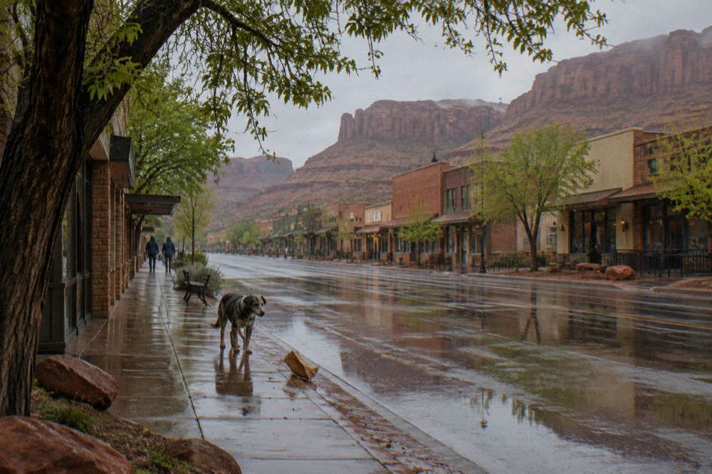 Desert town buildings and trees along a highway with red cliffs behind them
