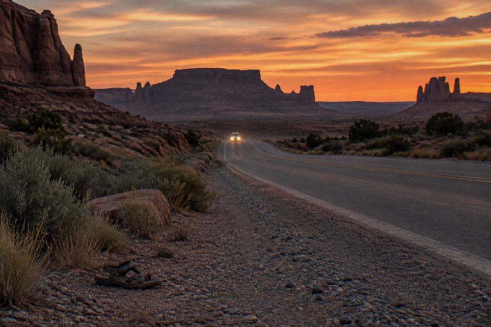 An open desert road at dusk with red rock mesas silhouetted against the sky