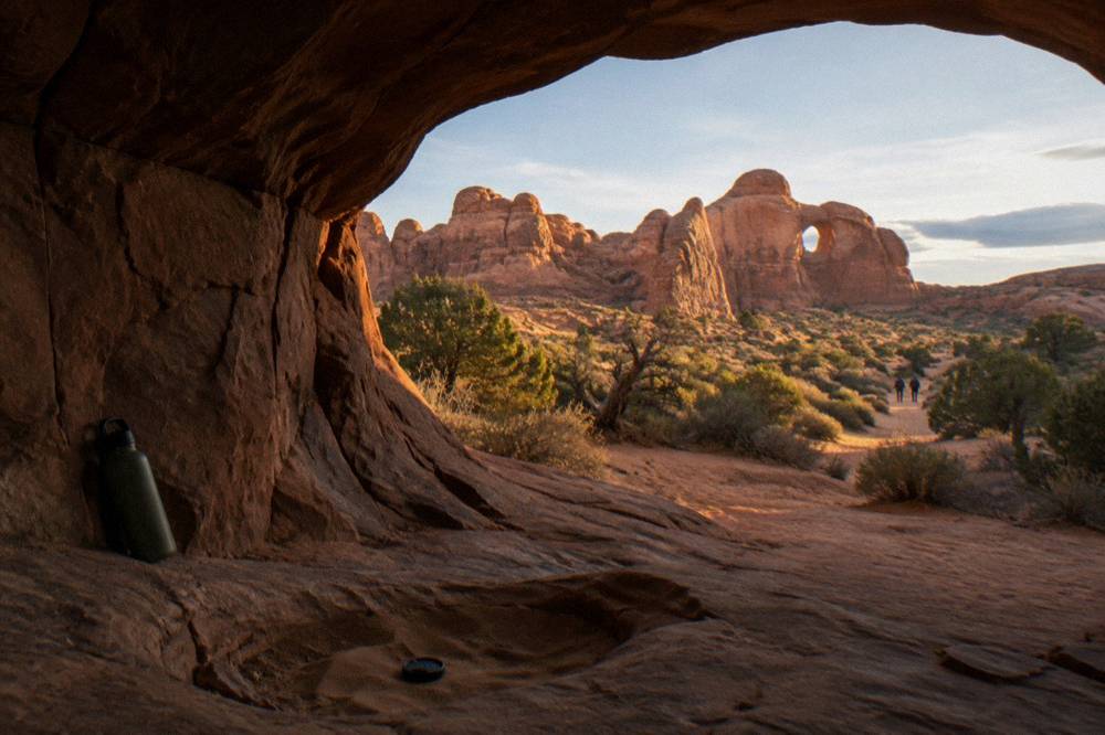 A natural sandstone arch framed by canyon walls in late afternoon light