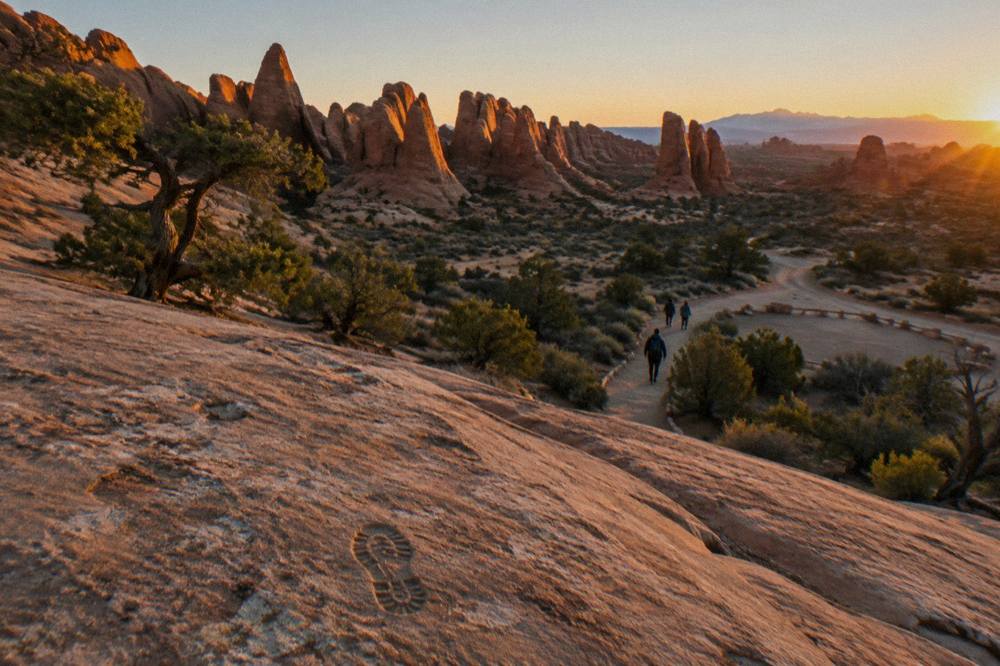 Sandstone fins and pinnacles lit by low orange morning sun inside Arches National Park