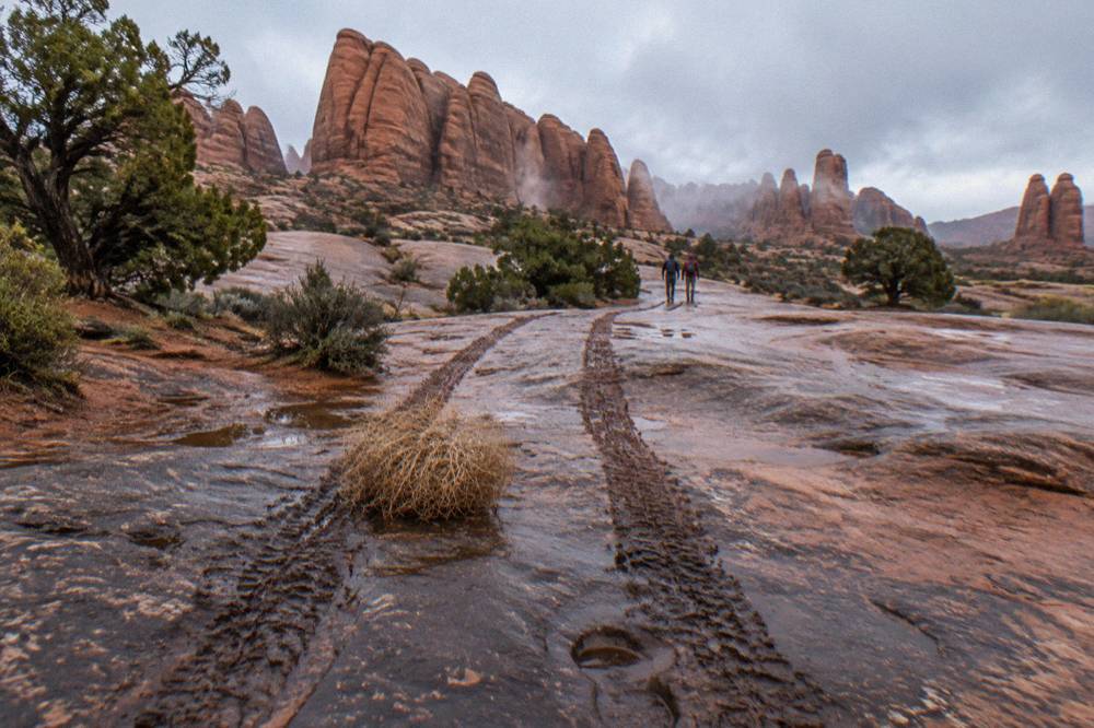 A four wheel drive vehicle track crossing smooth red slickrock terrain