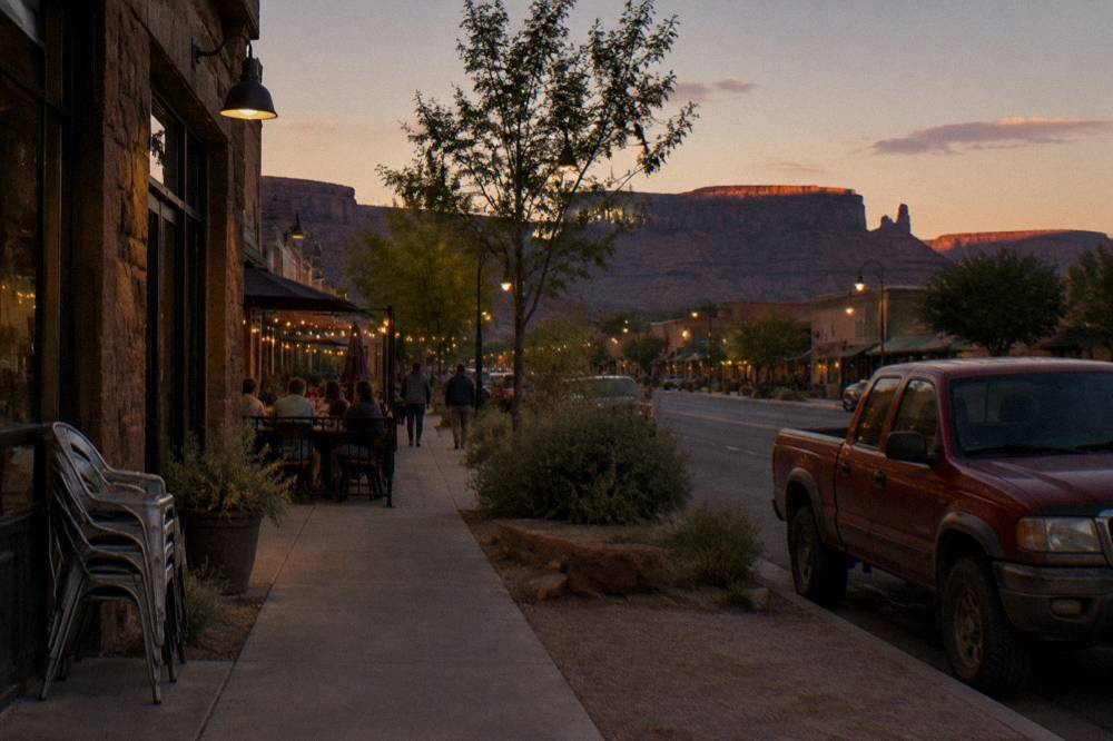 Twilight over a desert town with red rock mesas on the horizon