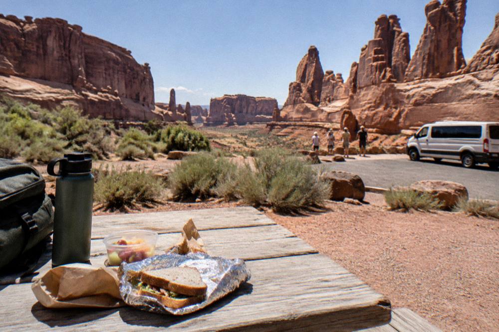 A picnic table with a packed lunch beside a tour van at a canyon overlook