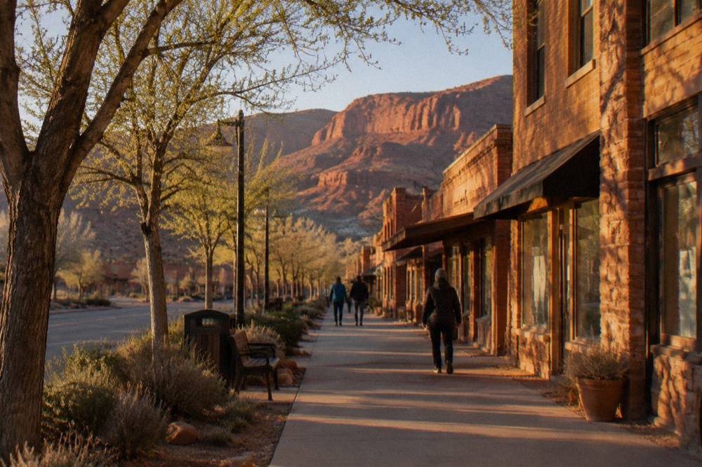 Moab's Main Street at golden hour with red rock mesas in the distance